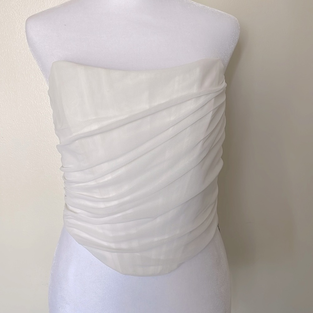 Sexy Strapless Mesh Bustier Off The Shoulder Zipper Back Boned Corset Crop Top